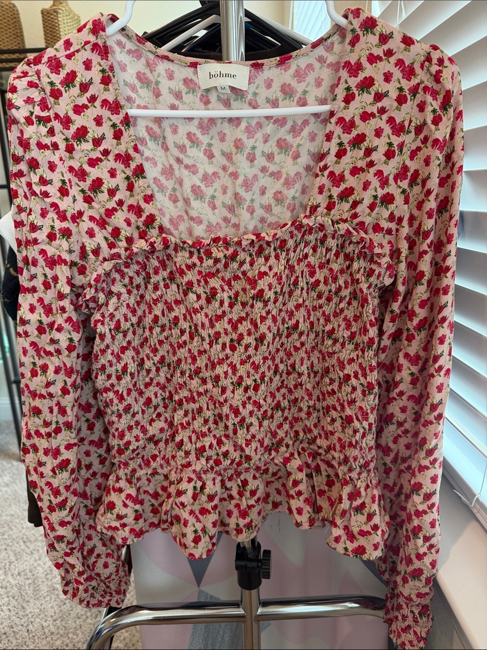bohme Pink Floral Smocked Long-Sleeve Blouse